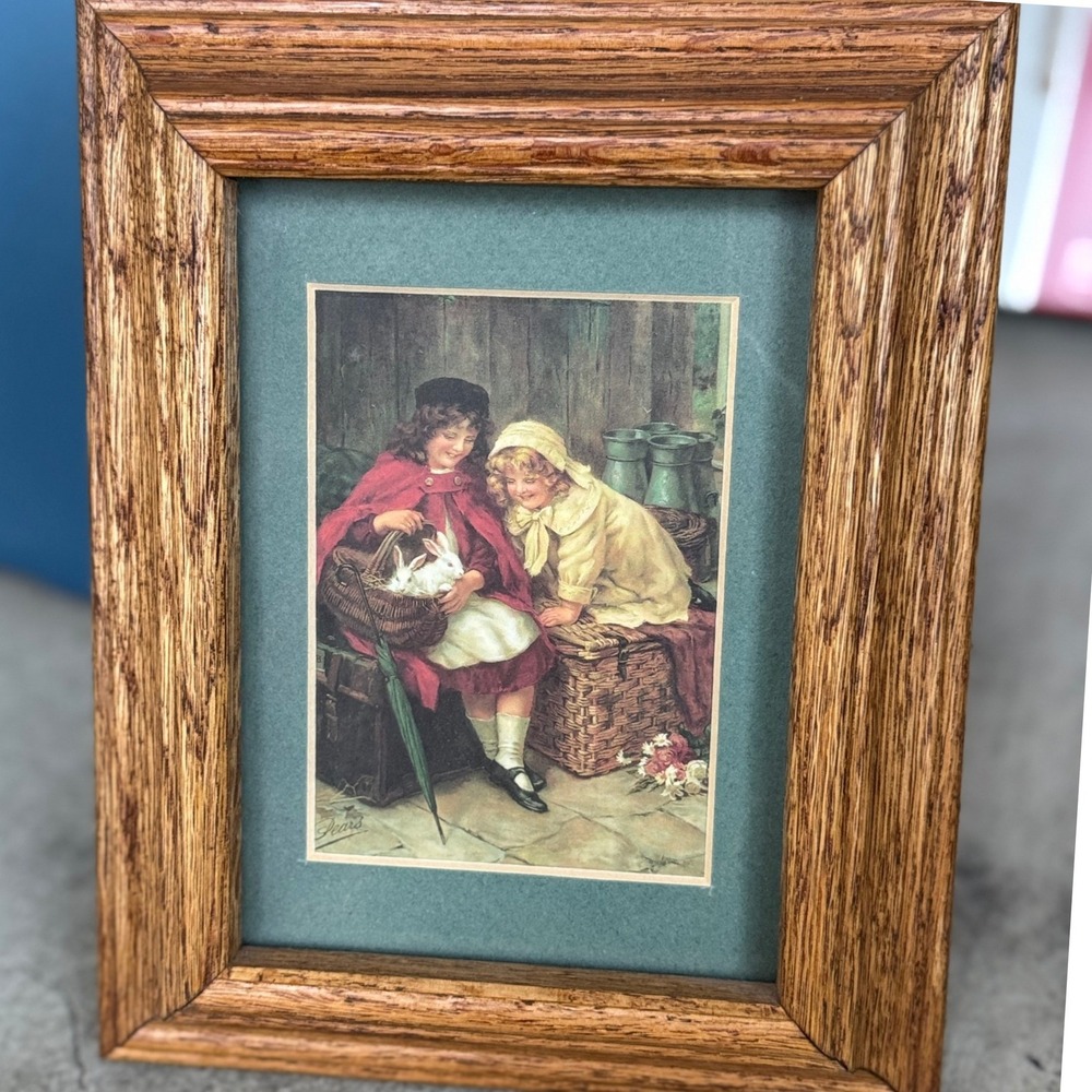 Vintage Pears Soap Ad Print Girls with Rabbits Framed Wood 8x10 Cottagecore Art